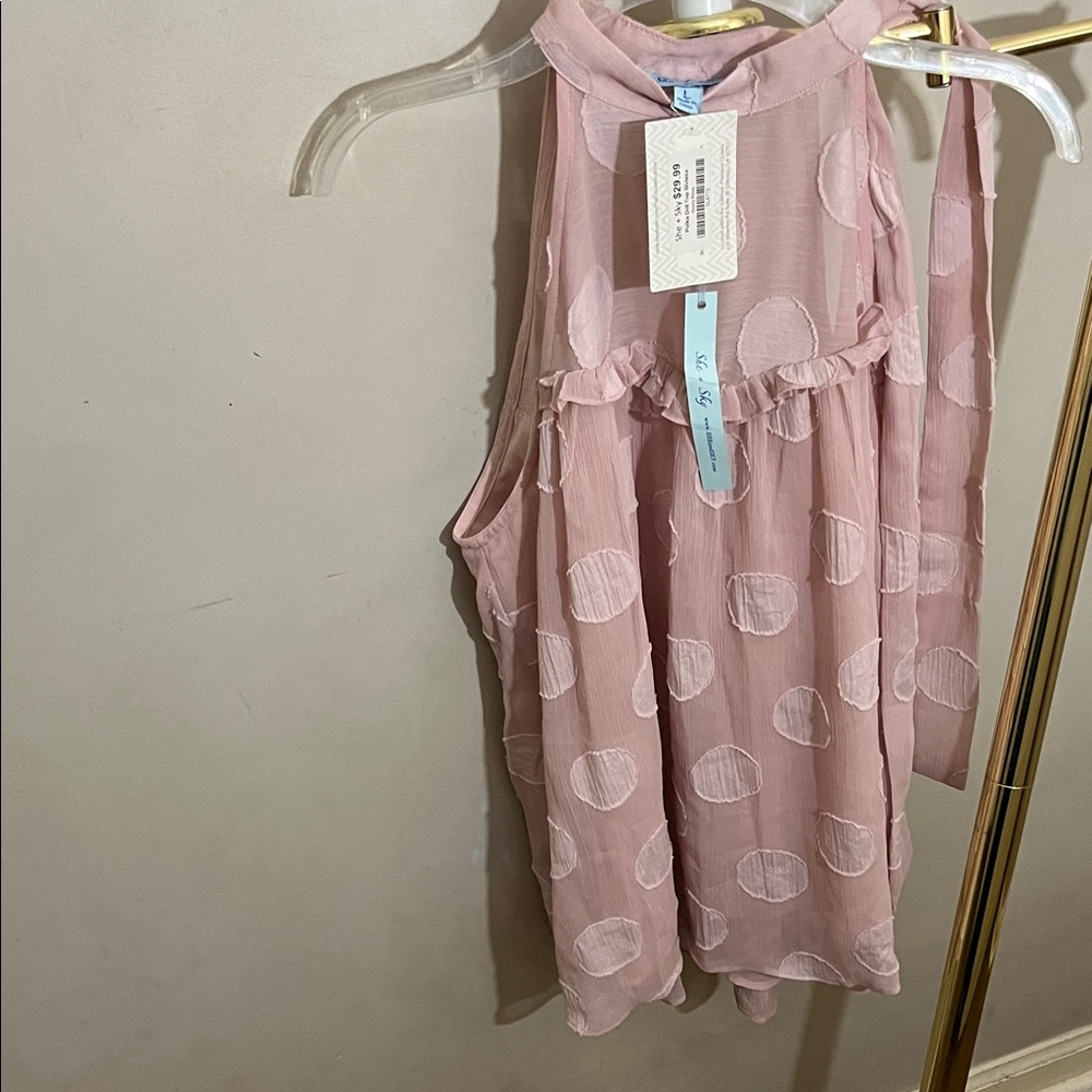 She + Sky Pink Sleeveless Top with Polka Dots